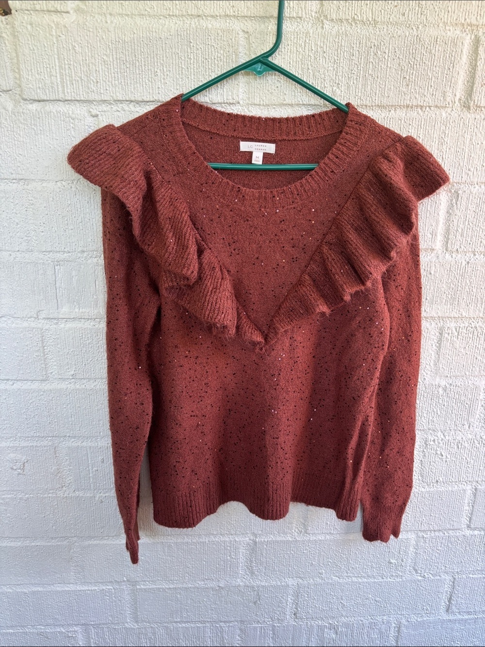 LC Lauren Conrad Ruffle-Trim Crew Neck Rust Acrylic Sequins Sweater sz M